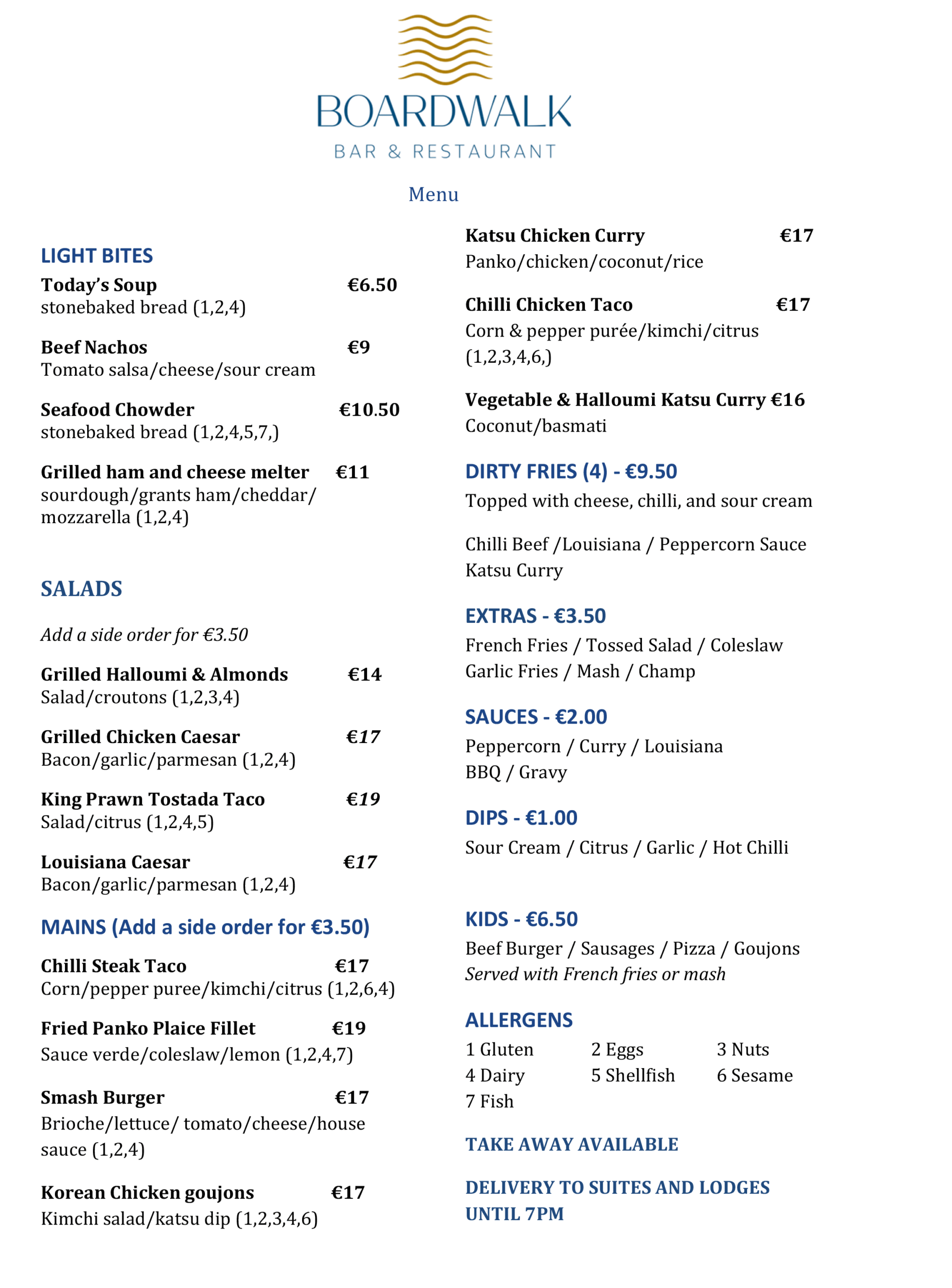 Boardwalk menu 2025 Menu at the Donegal Boardwalk Restaurant and Bar