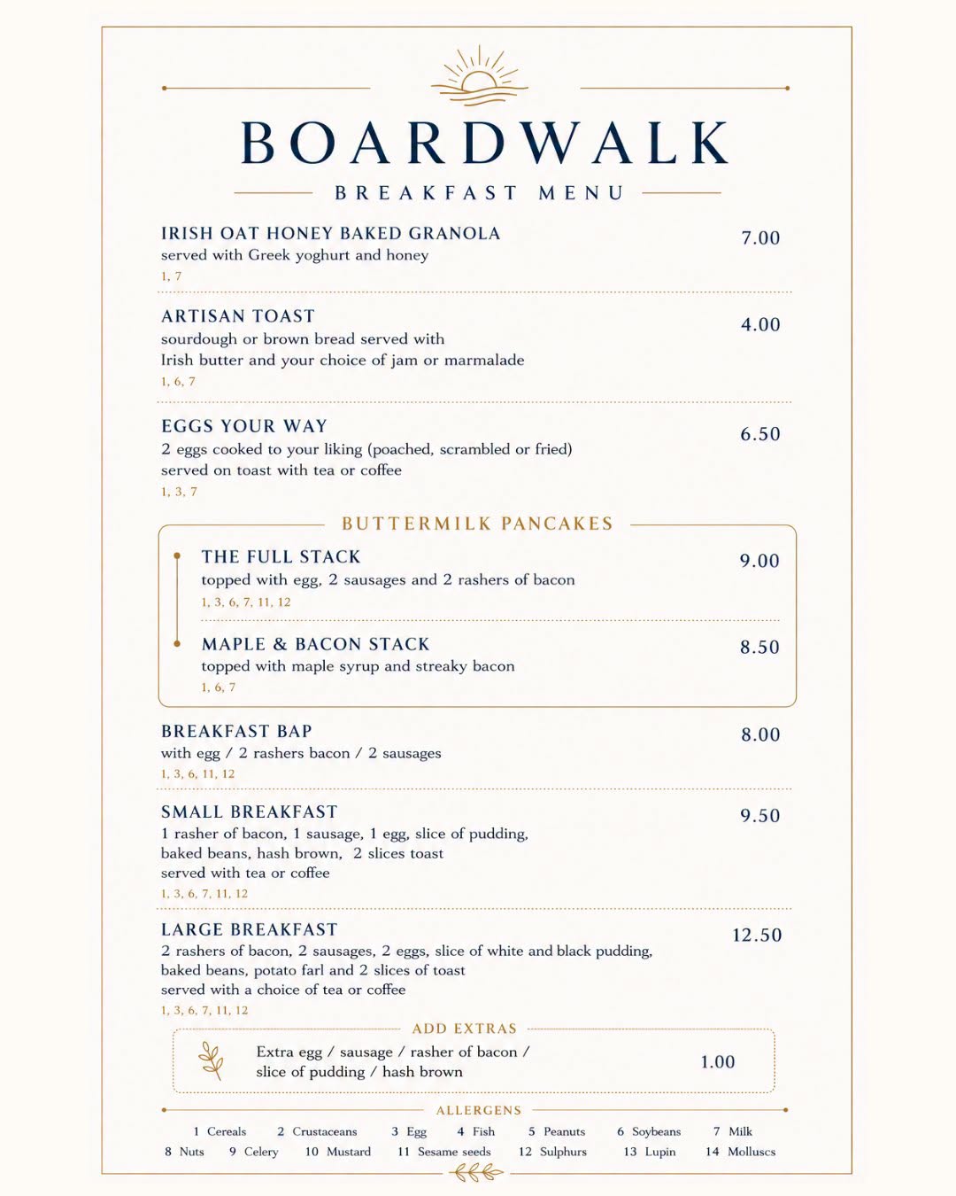 Menu at the Donegal Boardwalk Restaurant and Bar